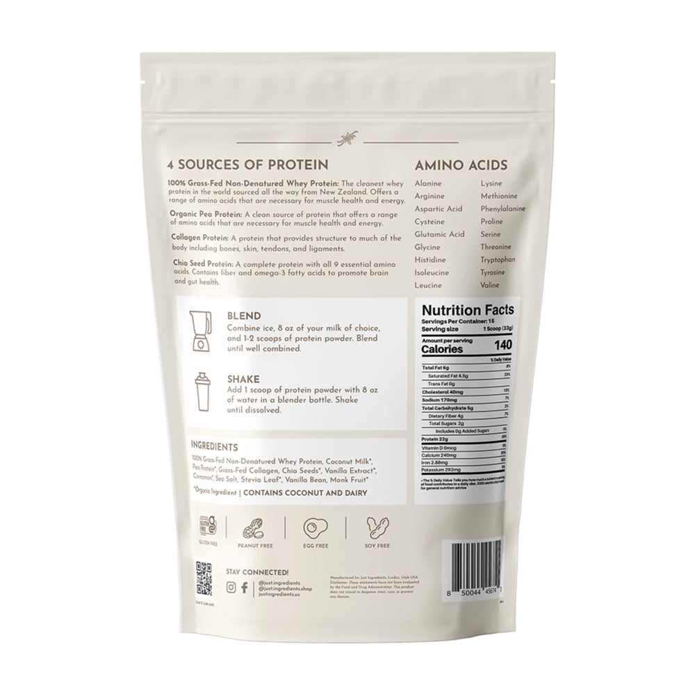 JUST INGREDIENTS Vanilla Protein Powder nutrition facts panel highlights protein and gluten-free status.