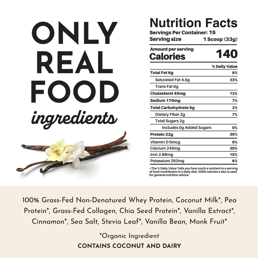 JUST INGREDIENTS Vanilla Protein Powder packaging eco-friendly seal.