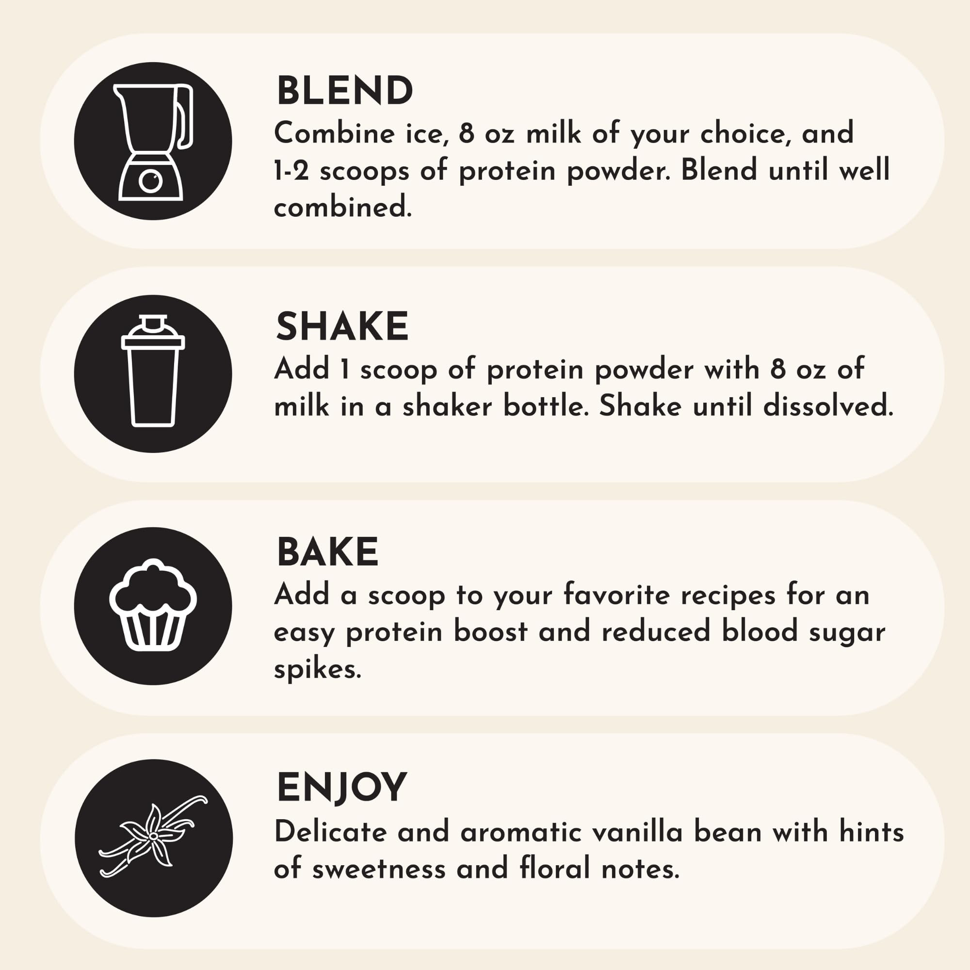 JUST INGREDIENTS Vanilla Protein Powder shake glass, smooth texture and creamy vanilla satisfaction.