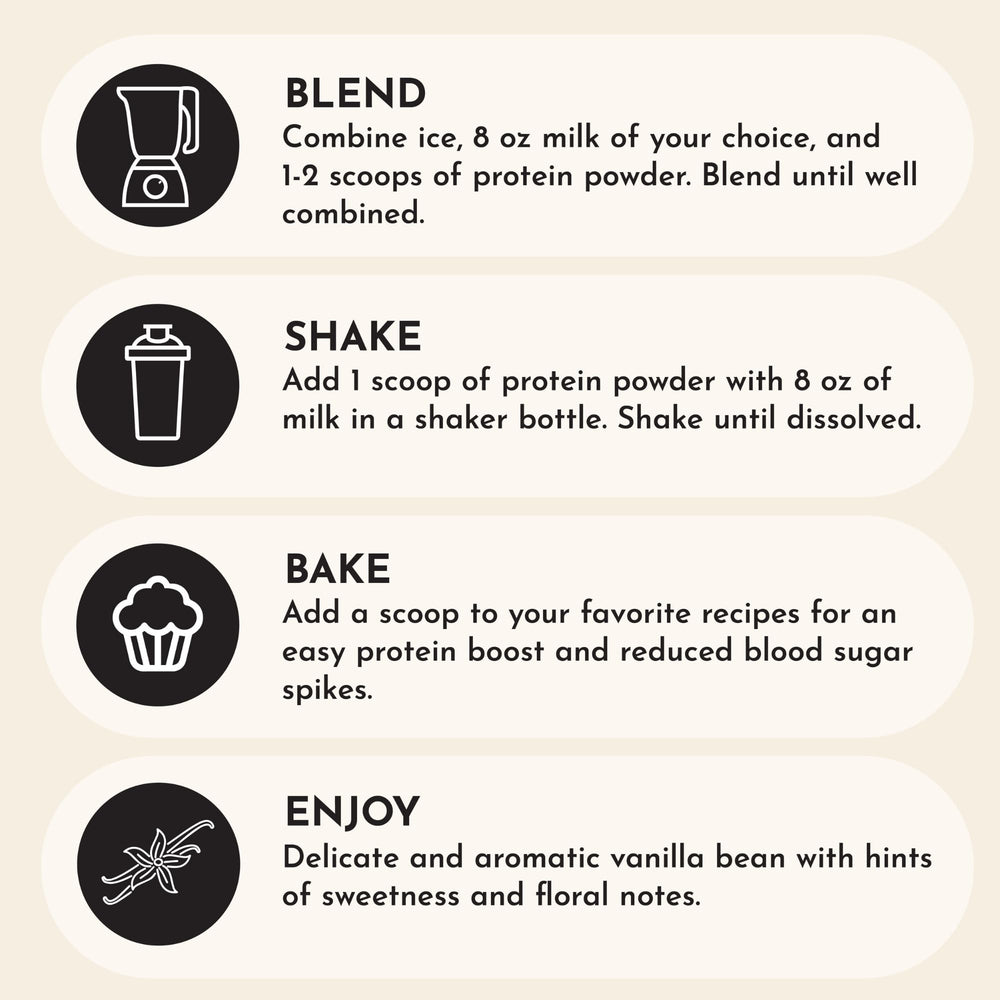 JUST INGREDIENTS Vanilla Protein Powder shake glass, smooth texture and creamy vanilla satisfaction.