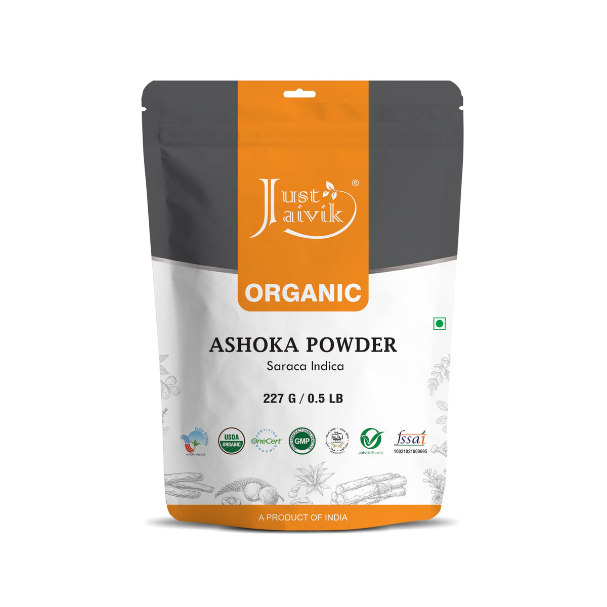 Just Jaivik Ashoka Bark Powder packaging in a biodegradable pouch for easy storage
