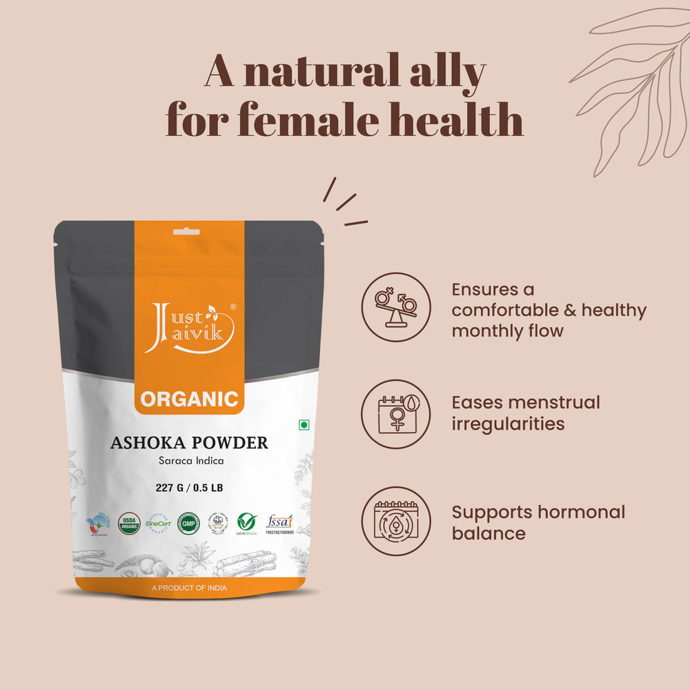 Just Jaivik Ashoka Bark Powder scoop image shows controlled portions for freshness