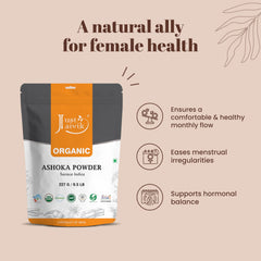 Just Jaivik Ashoka Bark Powder scoop image shows controlled portions for freshness