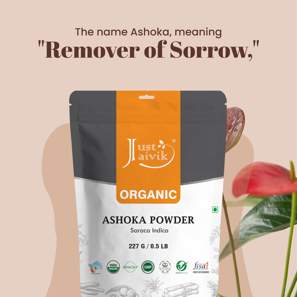 Just Jaivik Ashoka Bark Powder texture close-up shows natural grind for easy portioning