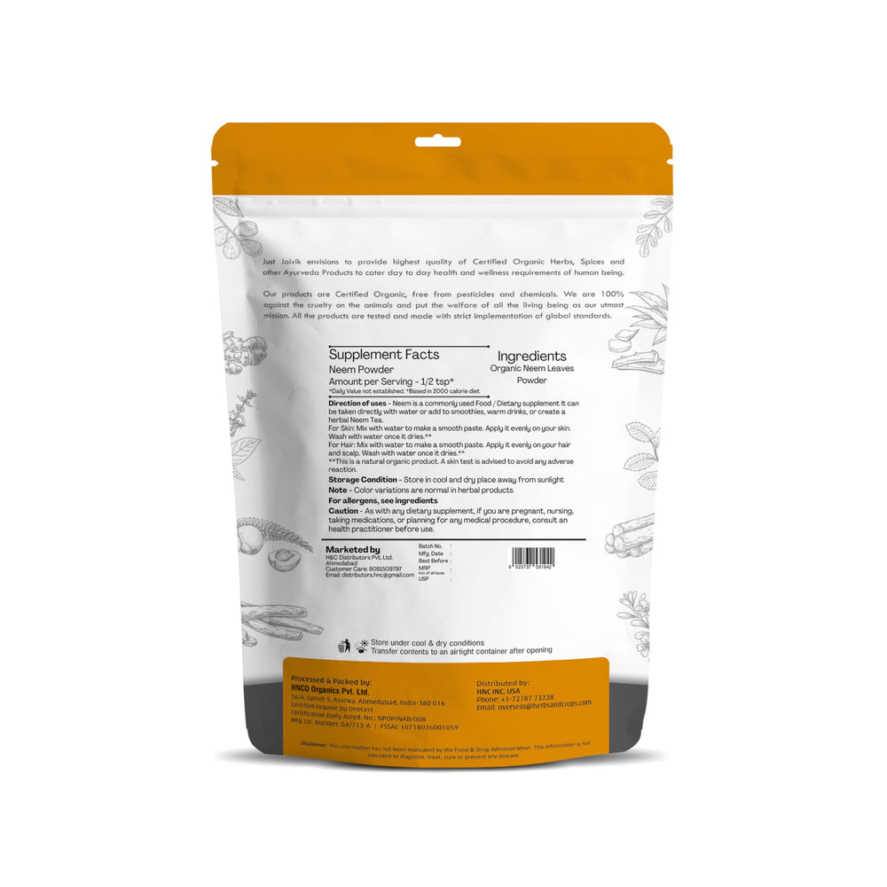 Just Jaivik neem powder jar highlighting premium organic quality for masks.