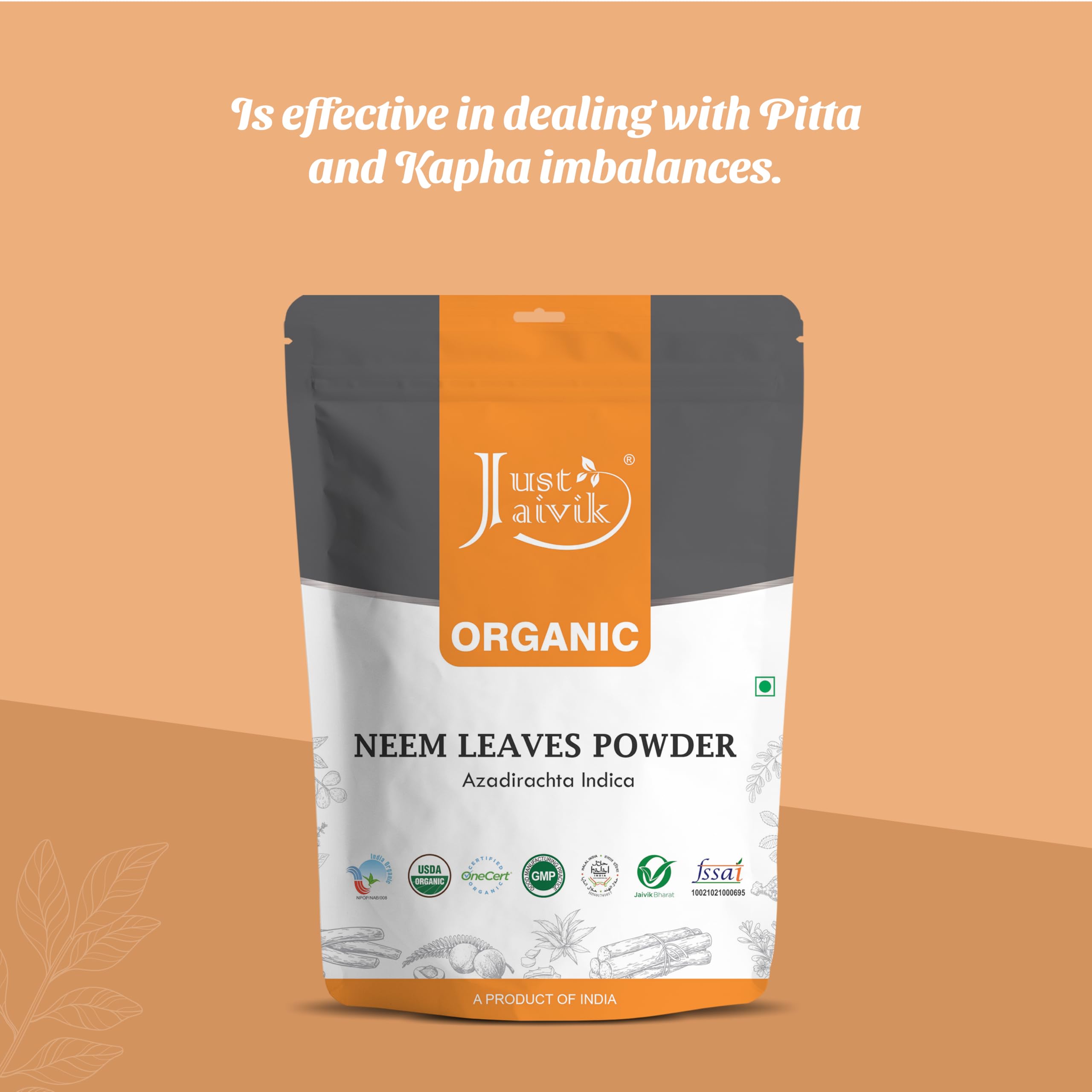 Just Jaivik neem powder measuring spoon enables easy dosing.