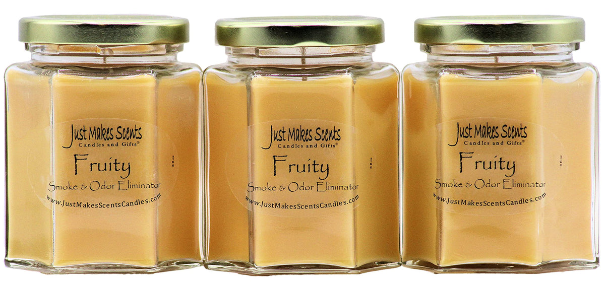 Just Makes Scents 3-pack fruit scented odor eliminator candle for odor elimination at home.