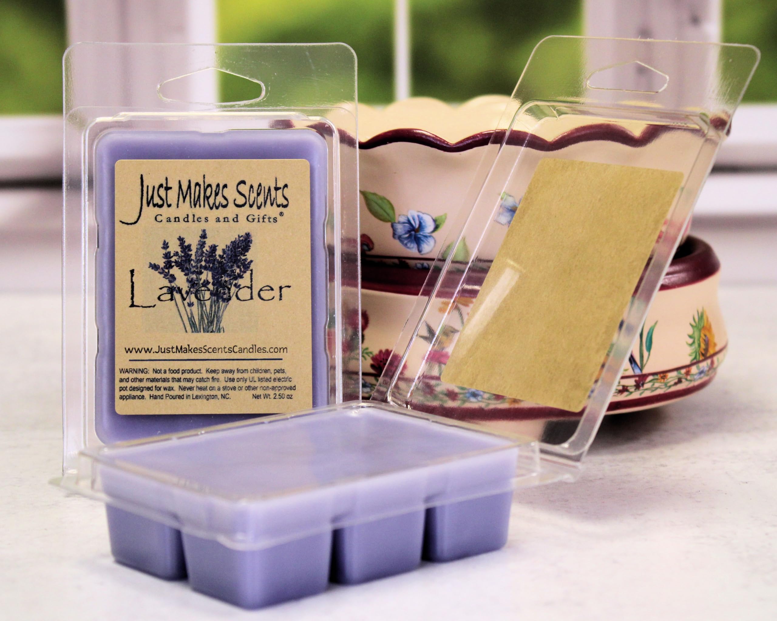 Just Makes Scents lavender wax melts close-up on a single cube highlighting soy blend