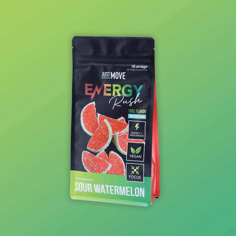 Just Move Sour Watermelon Energy Rush packaging box on shelf