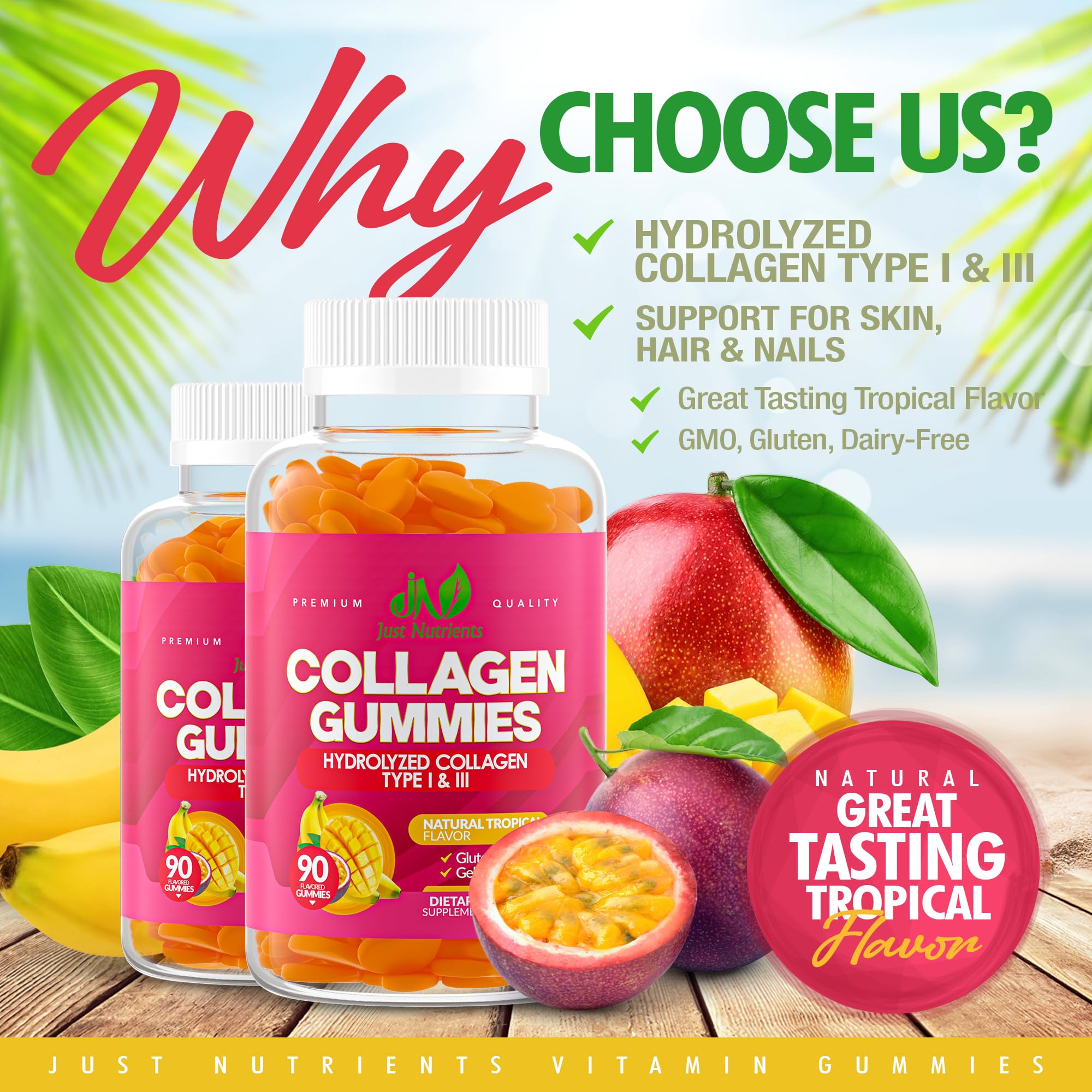 Just Nutrients Collagen Gummies closeup of gummies highlighting tropical flavor for daily nourishment
