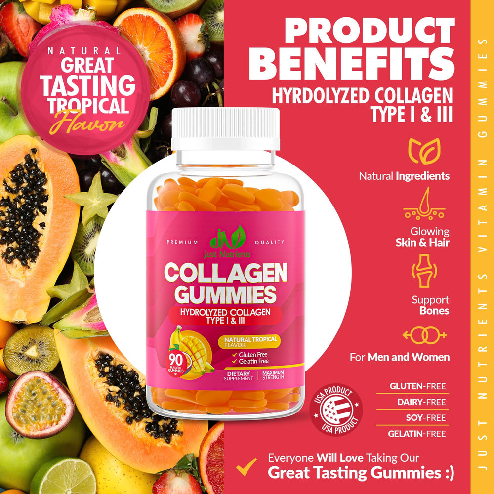 Just Nutrients Collagen Gummies fruit freshness image emphasizes gluten free and non GMO ingredients