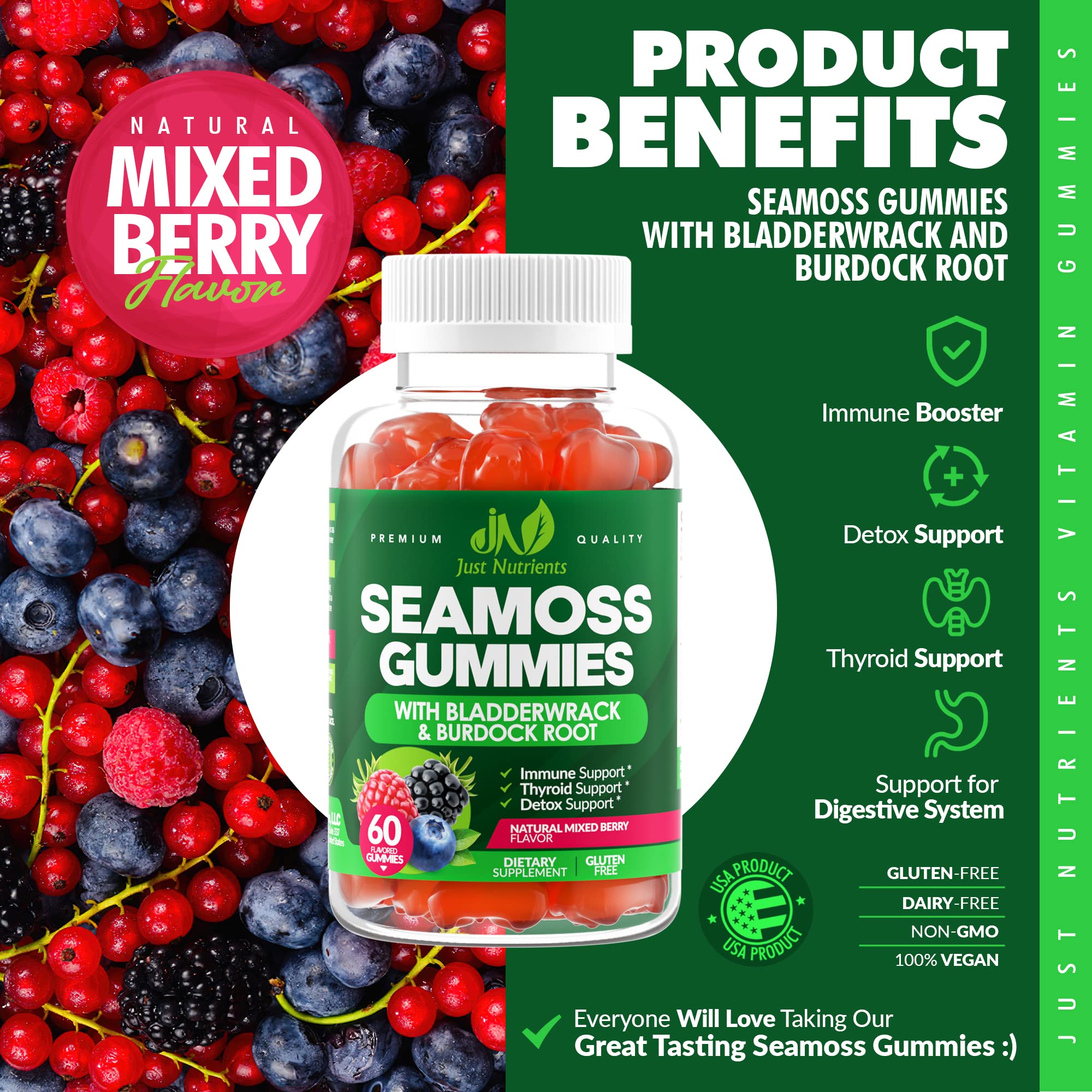 Just Nutrients Sea Moss 3000mg gummies berry flavor closeup indicates family-friendly daily routine.