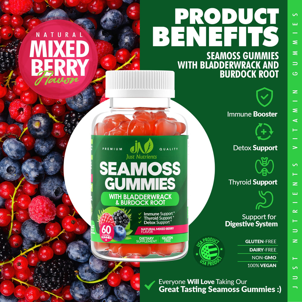 Just Nutrients Sea Moss 3000mg gummies berry flavor closeup indicates family-friendly daily routine.