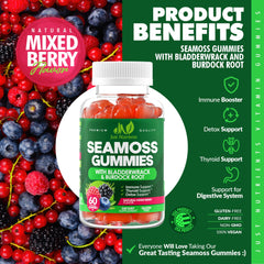 Just Nutrients Sea Moss 3000mg gummies berry flavor closeup indicates family-friendly daily routine.