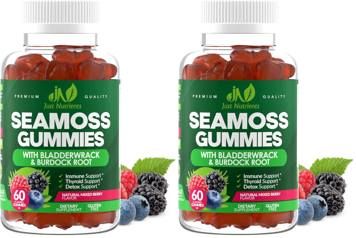Just Nutrients Sea Moss 3000mg gummies bottle showing berry flavor for daily immune support.