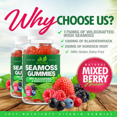 Just Nutrients Sea Moss 3000mg gummies label highlights immune and thyroid blend.