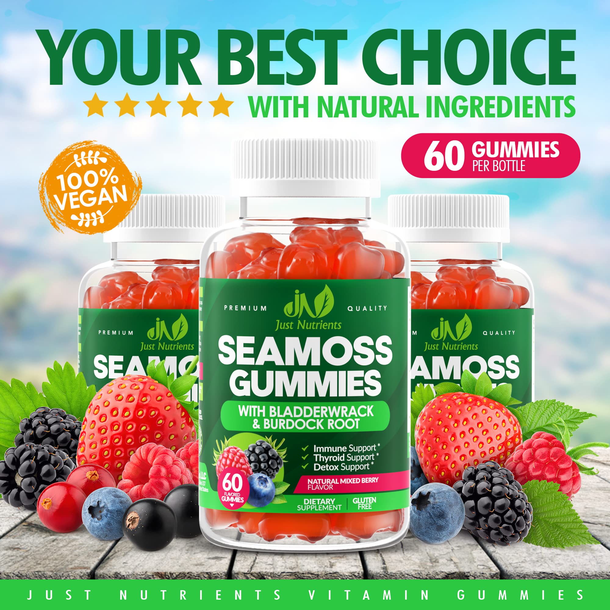 Just Nutrients Sea Moss 3000mg gummies hands-on closeup emphasize vegan, gluten-free daily use.