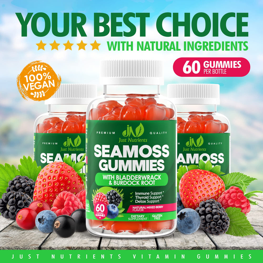 Just Nutrients Sea Moss 3000mg gummies hands-on closeup emphasize vegan, gluten-free daily use.