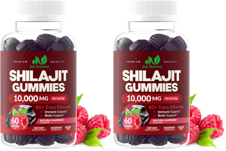 Just Nutrients Shilajit Gummies bottle showing maximum strength formula for daily energy.