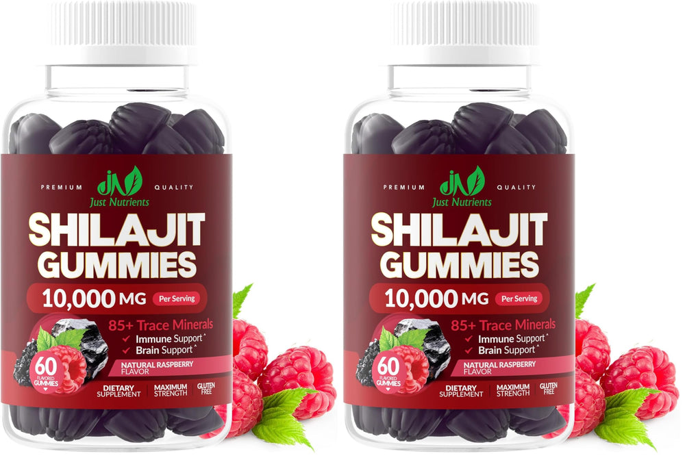 Just Nutrients Shilajit Gummies bottle showing maximum strength formula for daily energy.