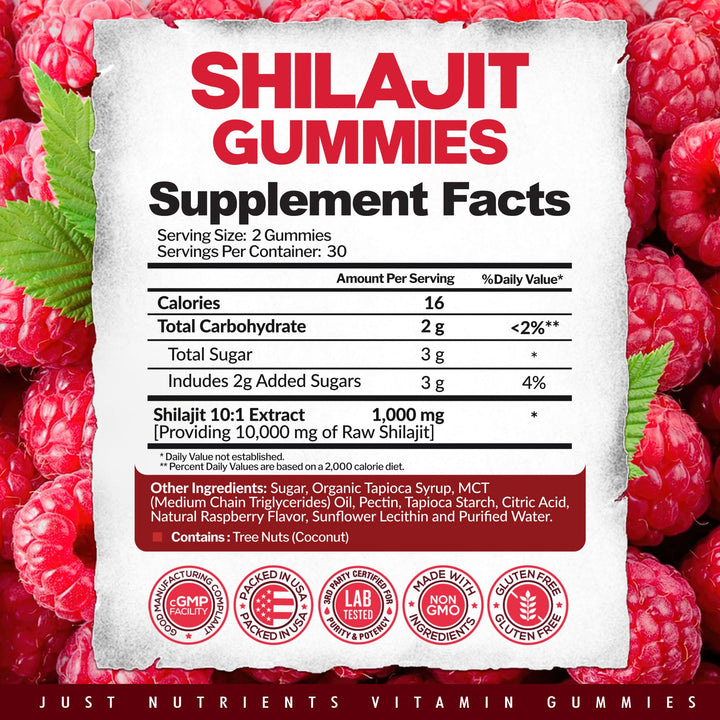 Just Nutrients Shilajit Gummies ingredients panel gluten free and vegetarian.