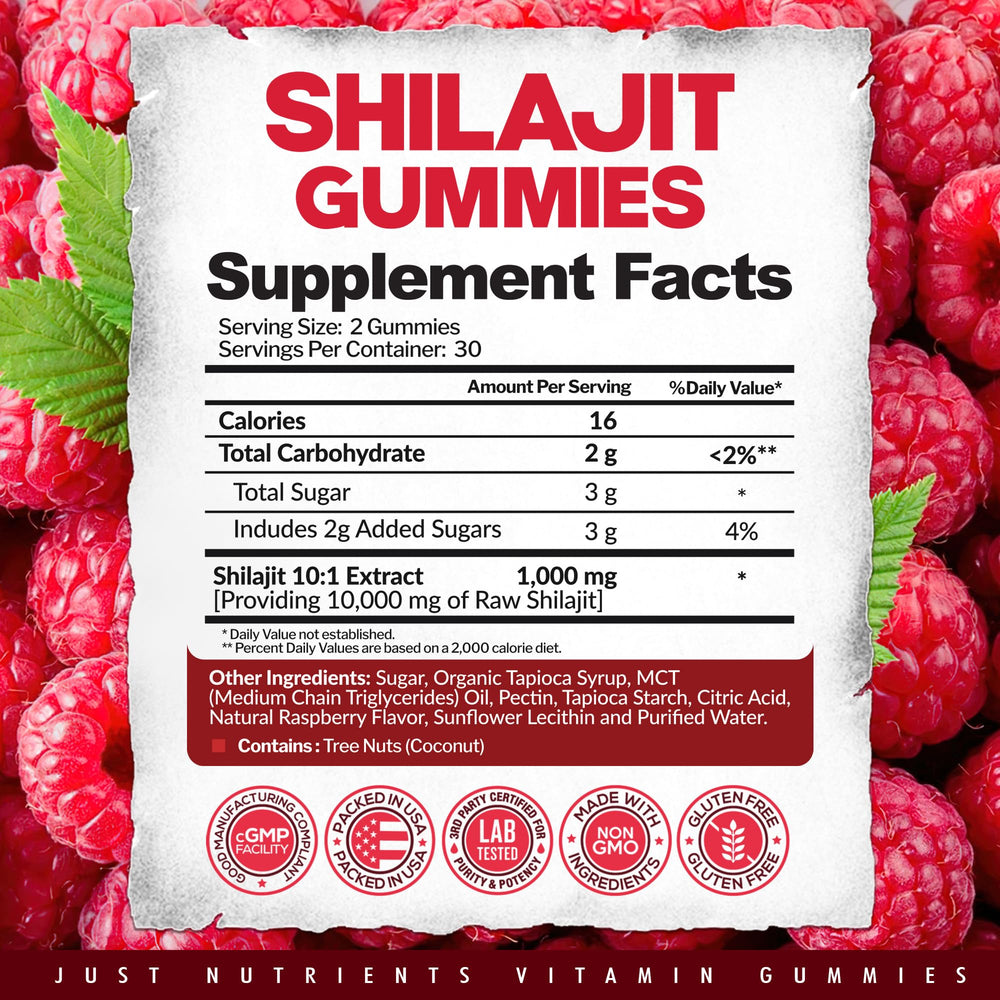 Just Nutrients Shilajit Gummies ingredients panel gluten free and vegetarian.