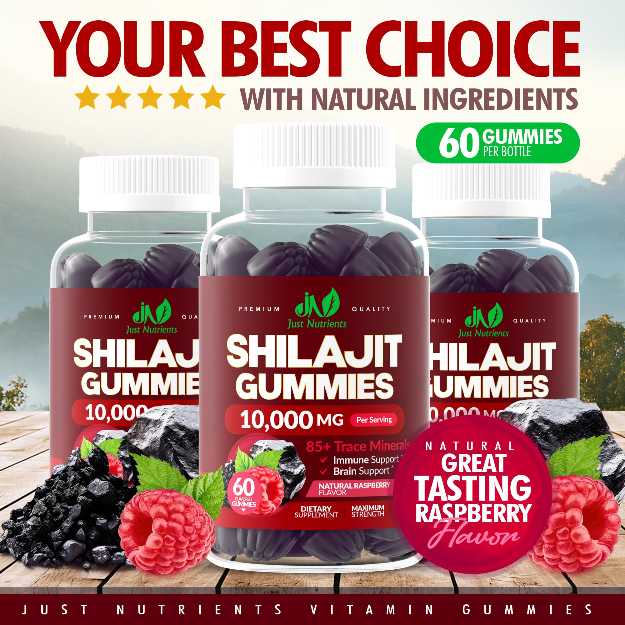 Just Nutrients Shilajit Gummies raspberry label highlighting natural flavor.