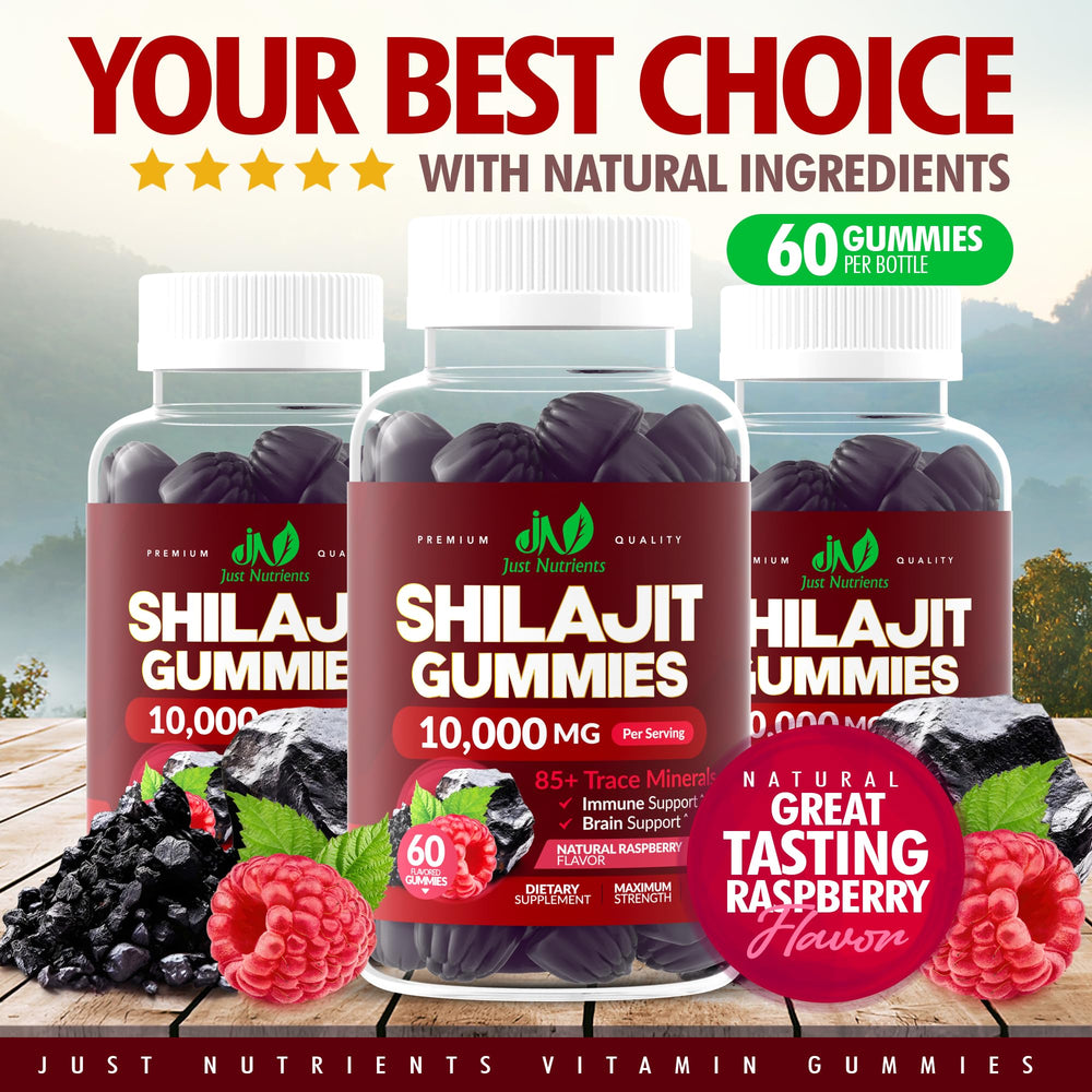 Just Nutrients Shilajit Gummies raspberry label highlighting natural flavor.