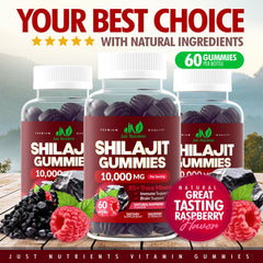 Just Nutrients Shilajit Gummies raspberry label highlighting natural flavor.