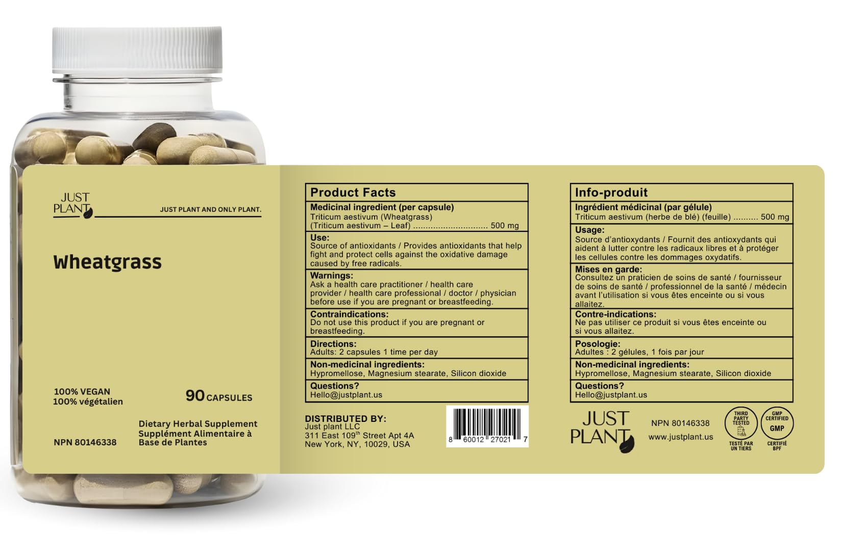 Just Plant Organic Wheatgrass Capsules close-up highlighting vegan, gluten-free wellness and digestion aid.