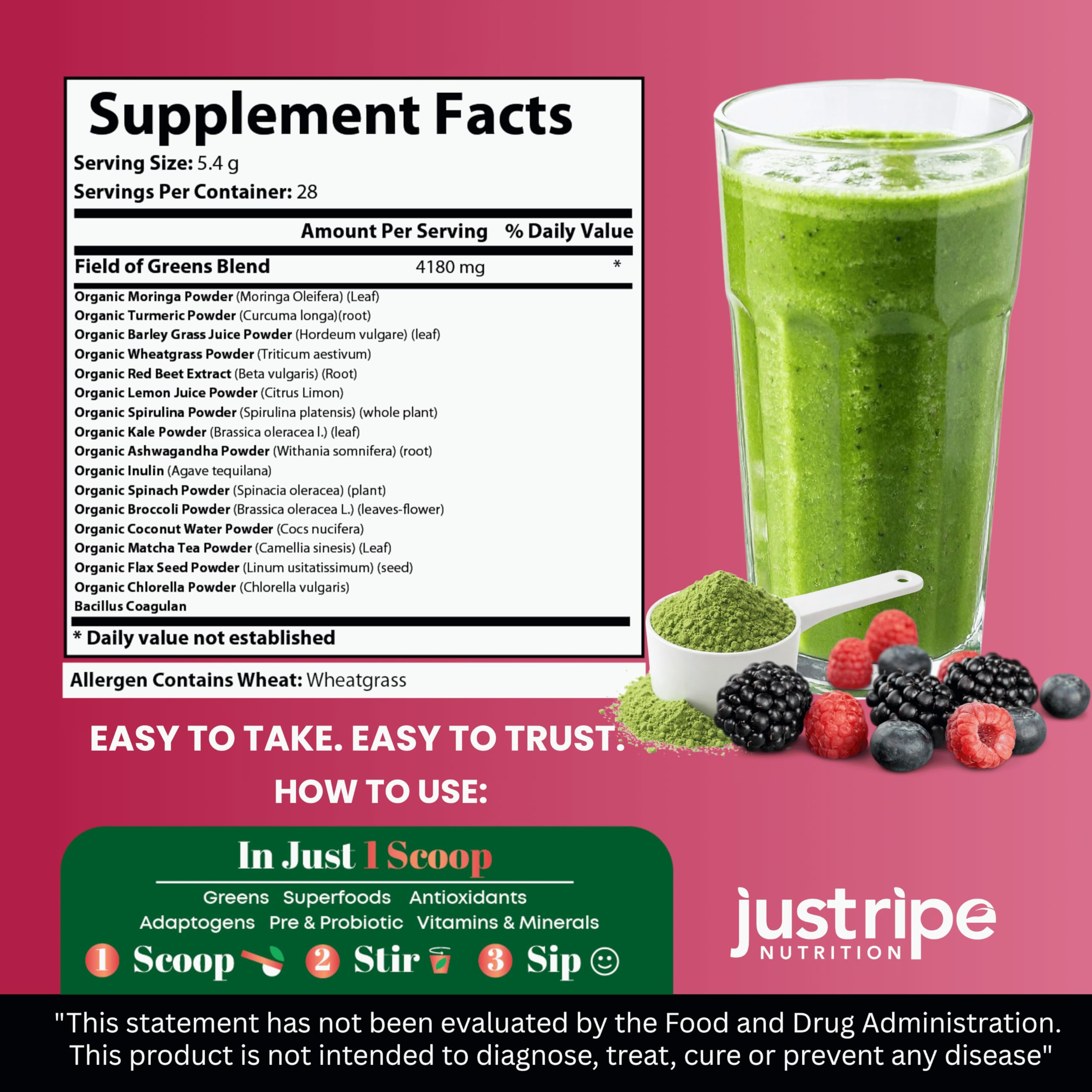 Just Ripe Field of Greens tub back-label showing organic ingredients