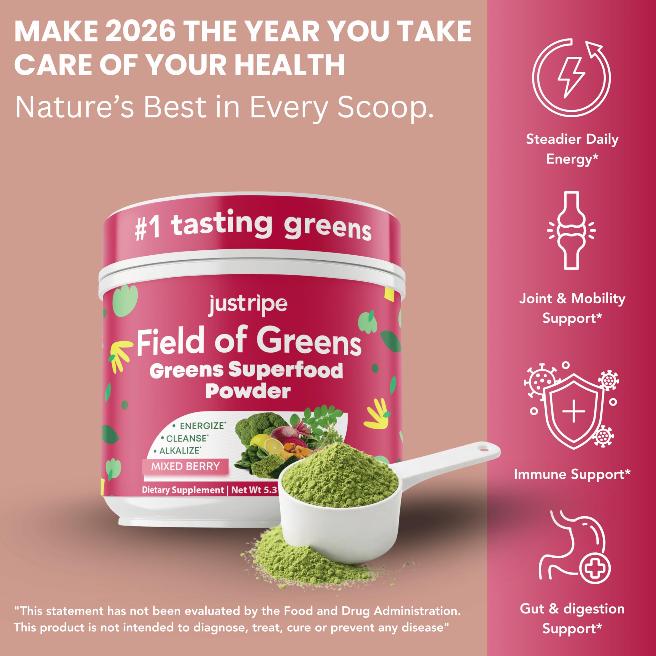 Just Ripe Field of Greens tub-with-spoon on-counter for quick routines