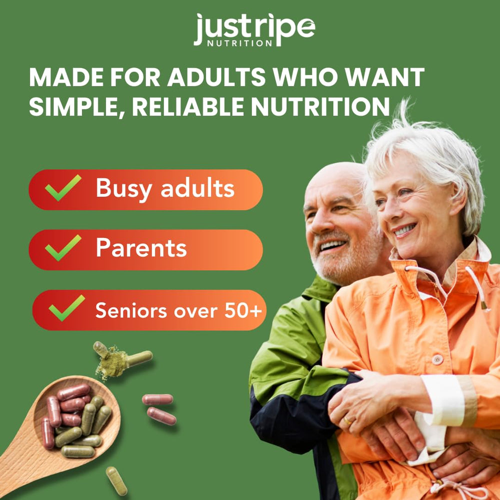 Just Ripe Nutrition red-bottle close-up highlights vibrant fruit-vegetable capsules