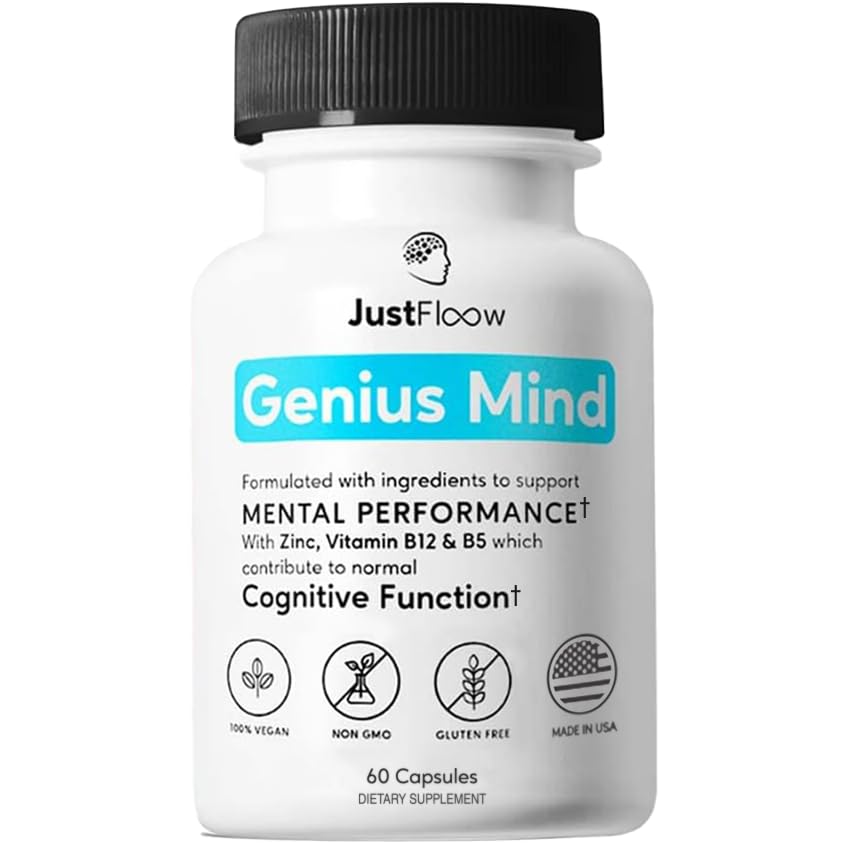 JustFloow Genius Mind bottle front shows the nootropic blend for daily focus