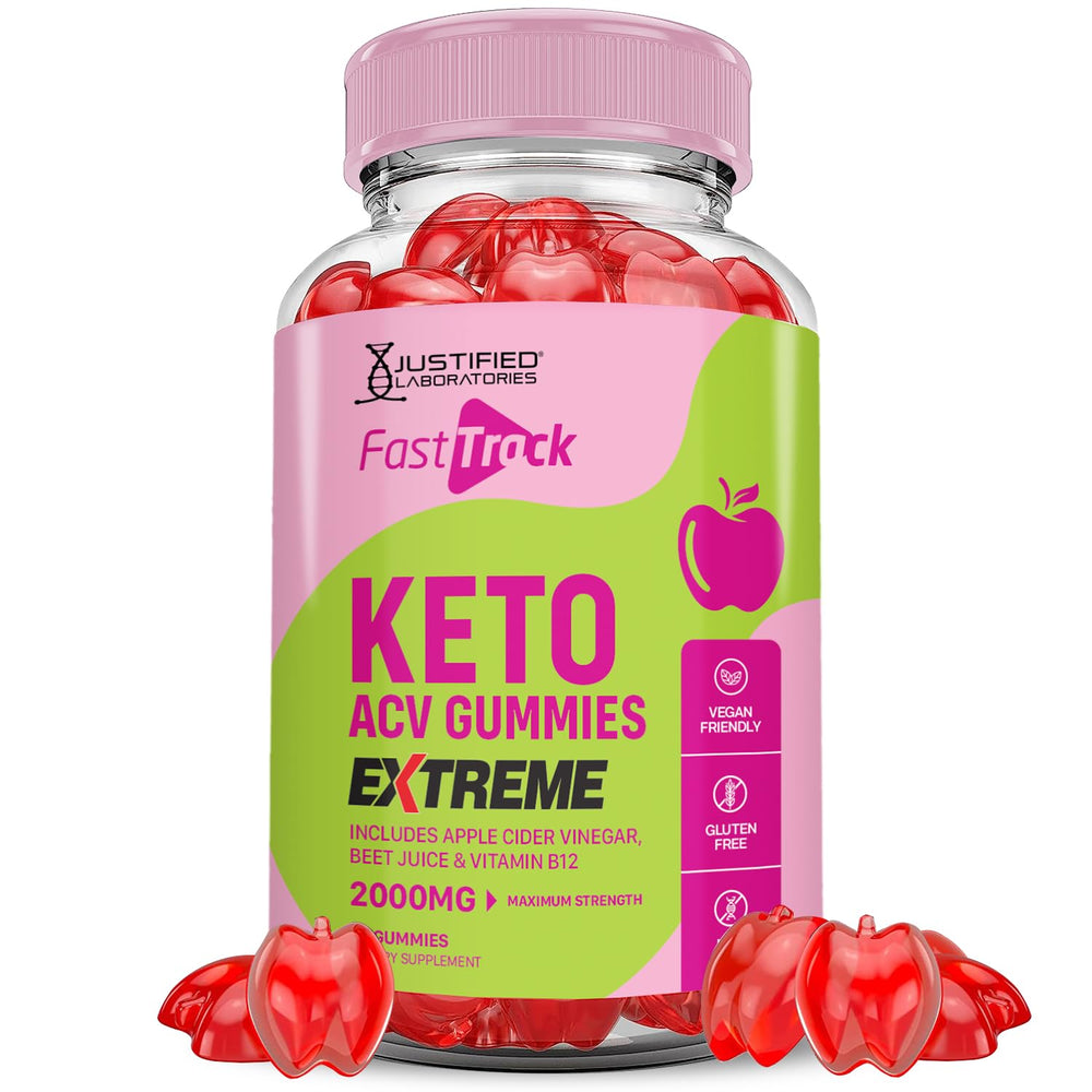 Justified Laboratories Fast Track Keto ACV Gummies Extreme 2000mg bottle on countertop for daily wellness.