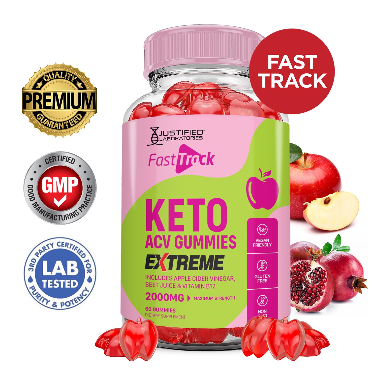 Justified Laboratories Fast Track Keto ACV Gummies Extreme 2000mg close-up of gummies with vibrant flavors for daily routine.