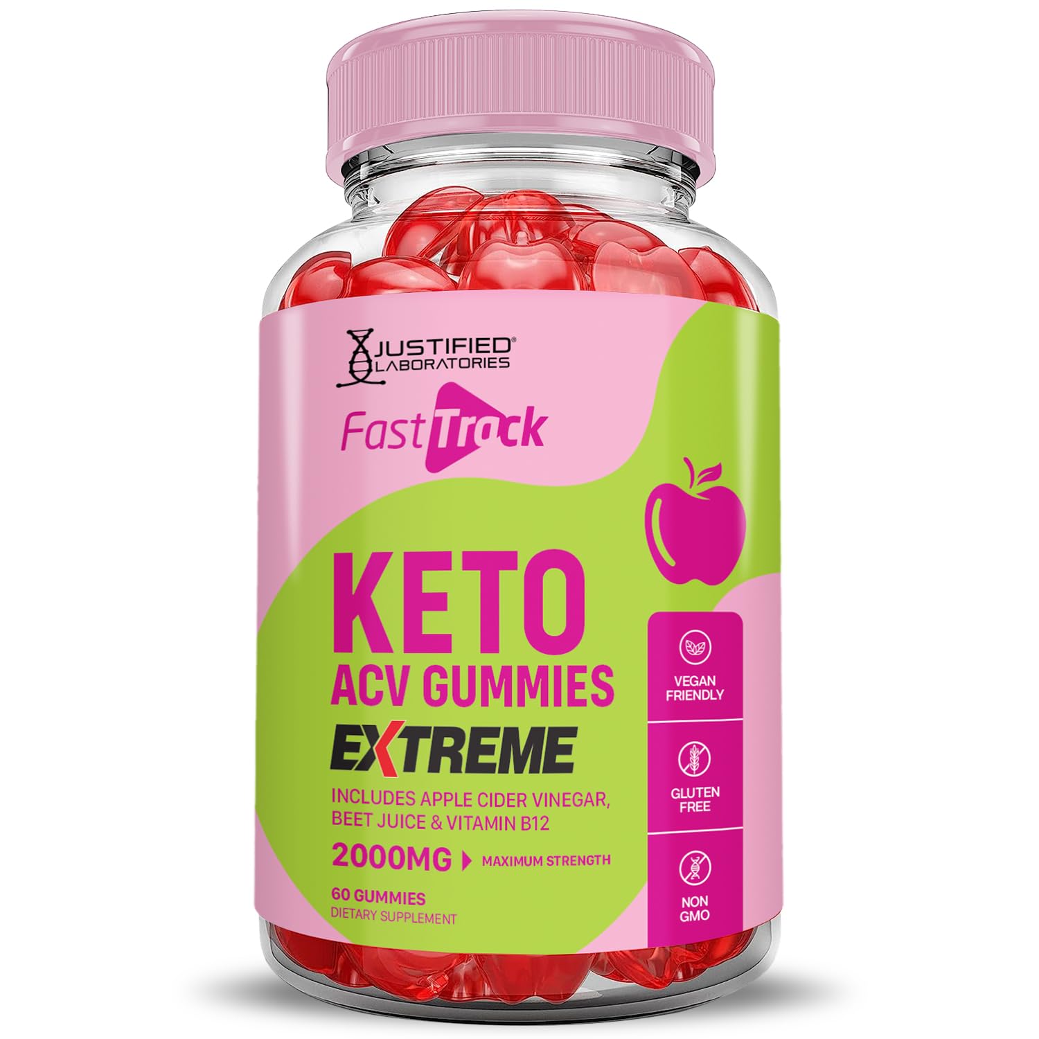 Justified Laboratories Fast Track Keto ACV Gummies Extreme 2000mg vitamin B12 label for daily energy support.