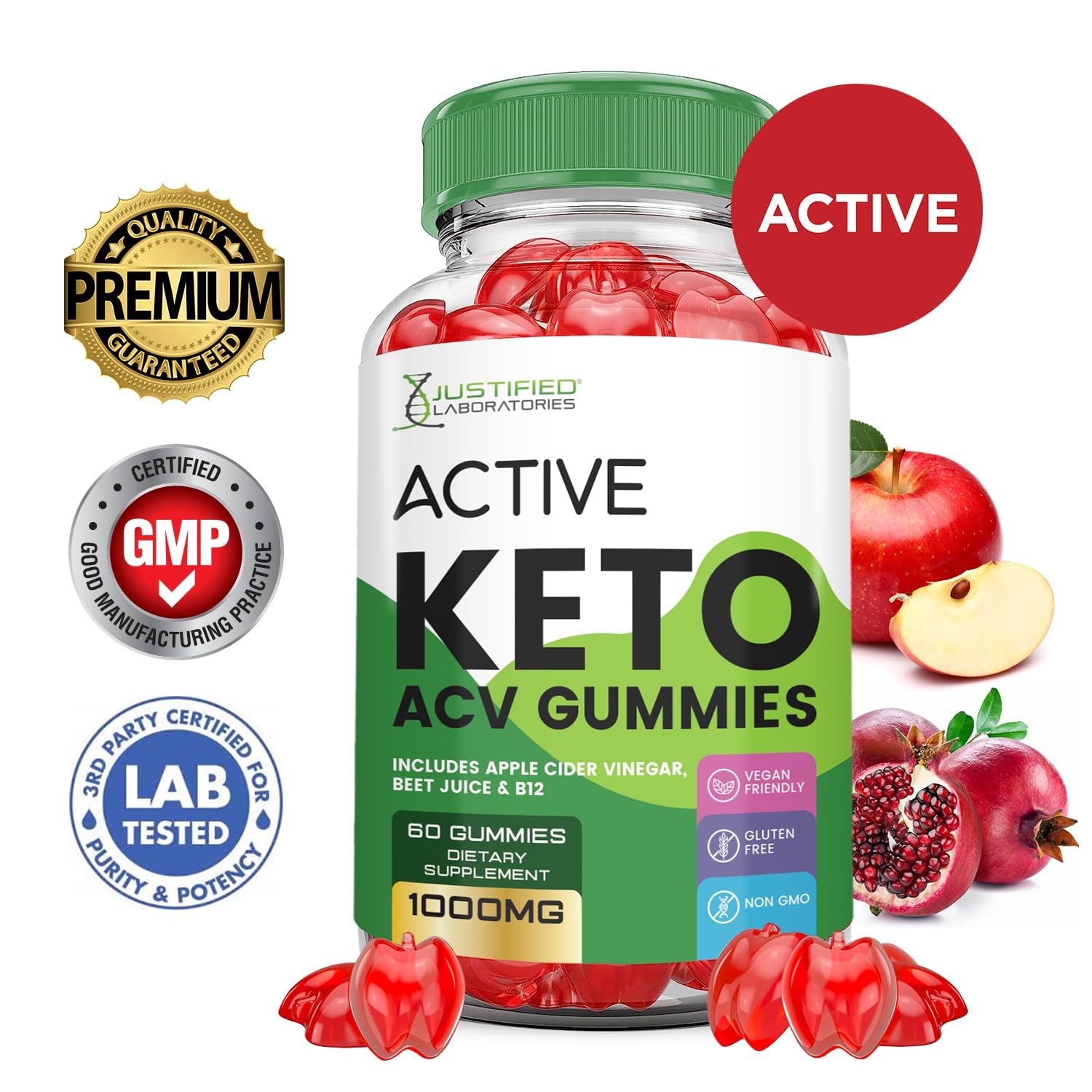 Justified Laboratories Active Keto ACV Gummies ingredient label with beet juice and pomegranate
