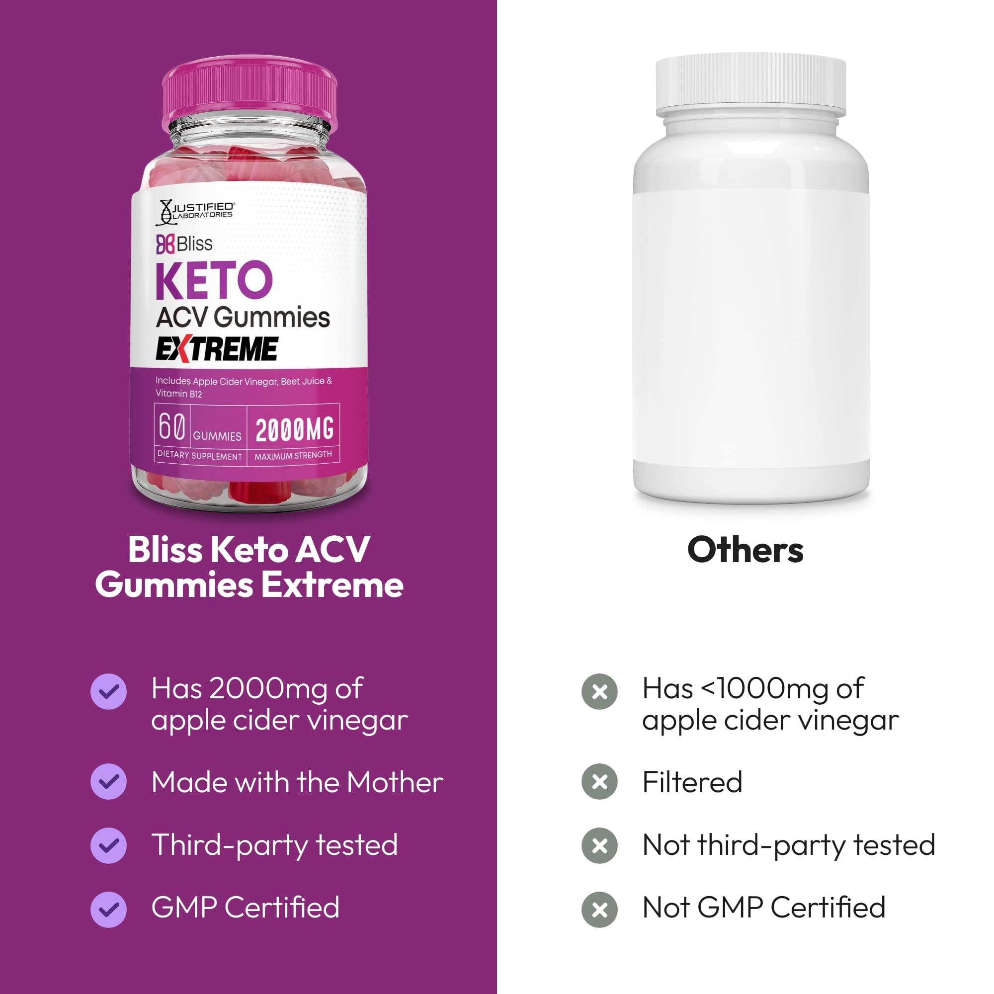 Justified Laboratories Bliss Keto ACV Gummies veganas y sin OGMs, opción ética y saludable.
