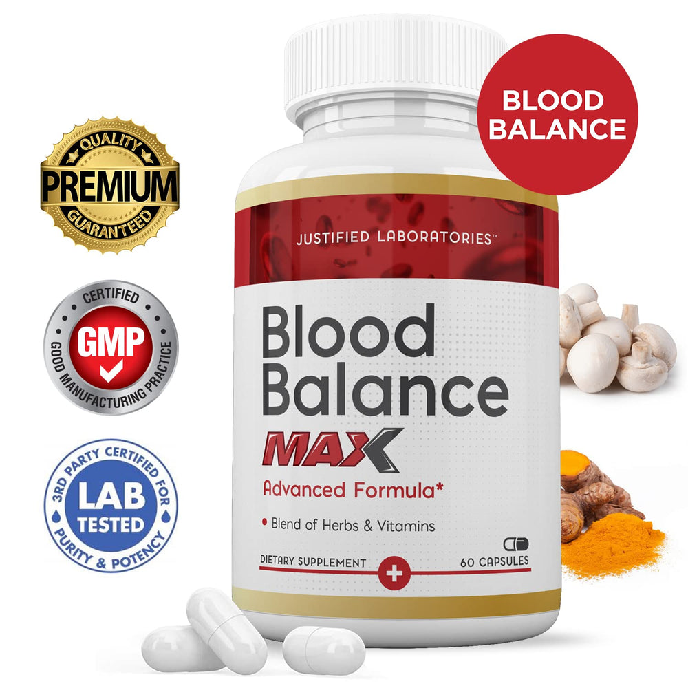 Justified Laboratories Blood Balance Max bottle back showing ingredients and directions