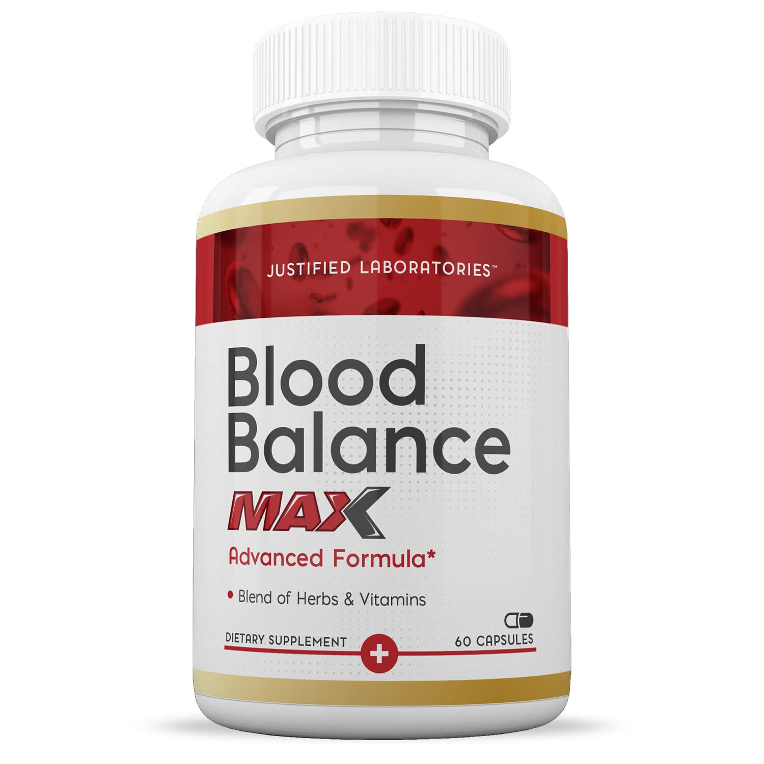 Close-up of Justified Laboratories Blood Balance Max capsules in a bottle