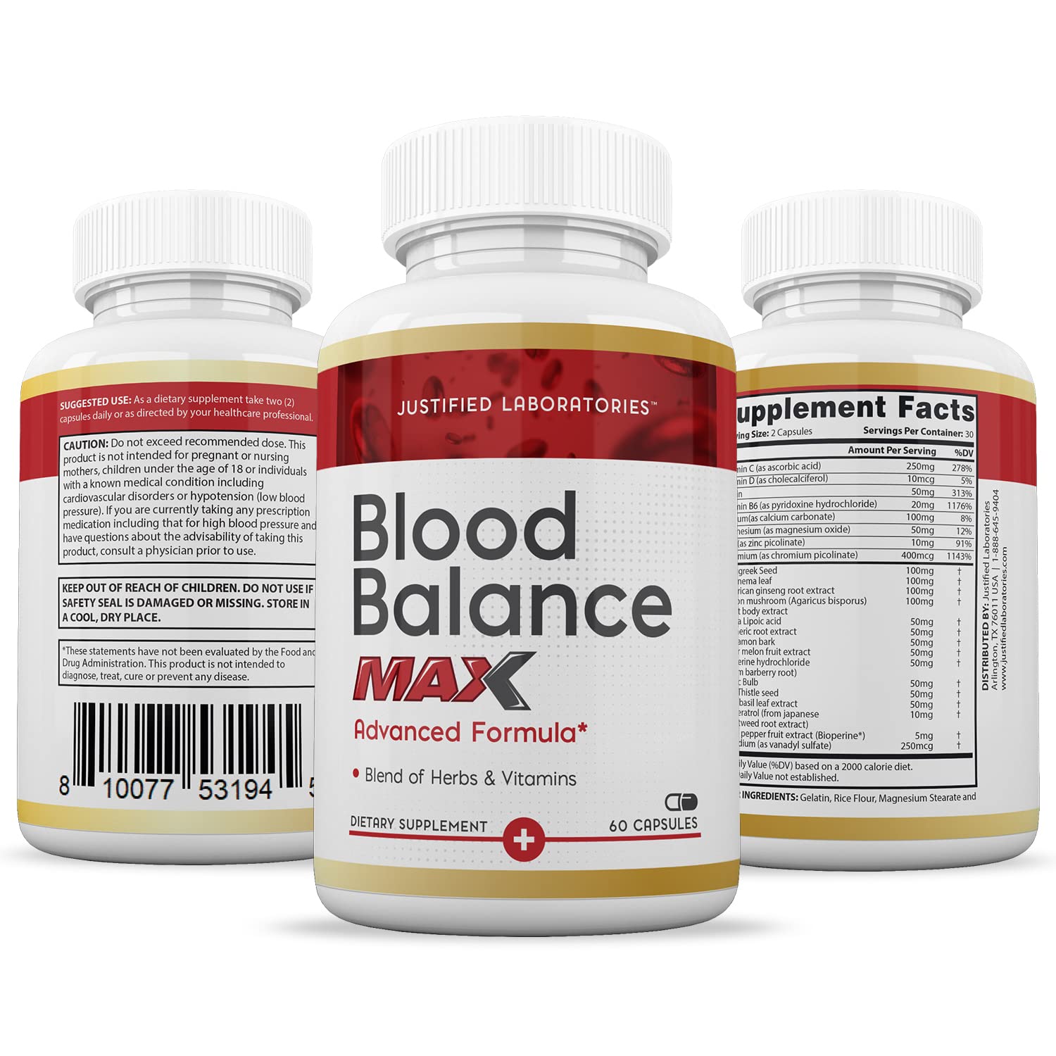 Justified Laboratories Blood Balance Max nutrition facts panel for informed choices
