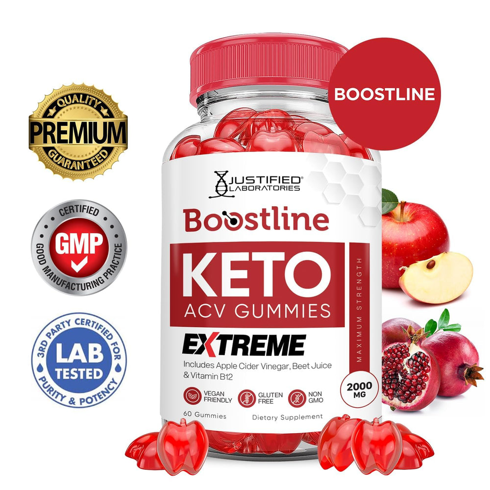 Justified Laboratories Boostline Keto ACV Gummies close-up shows vibrant beet juice color.