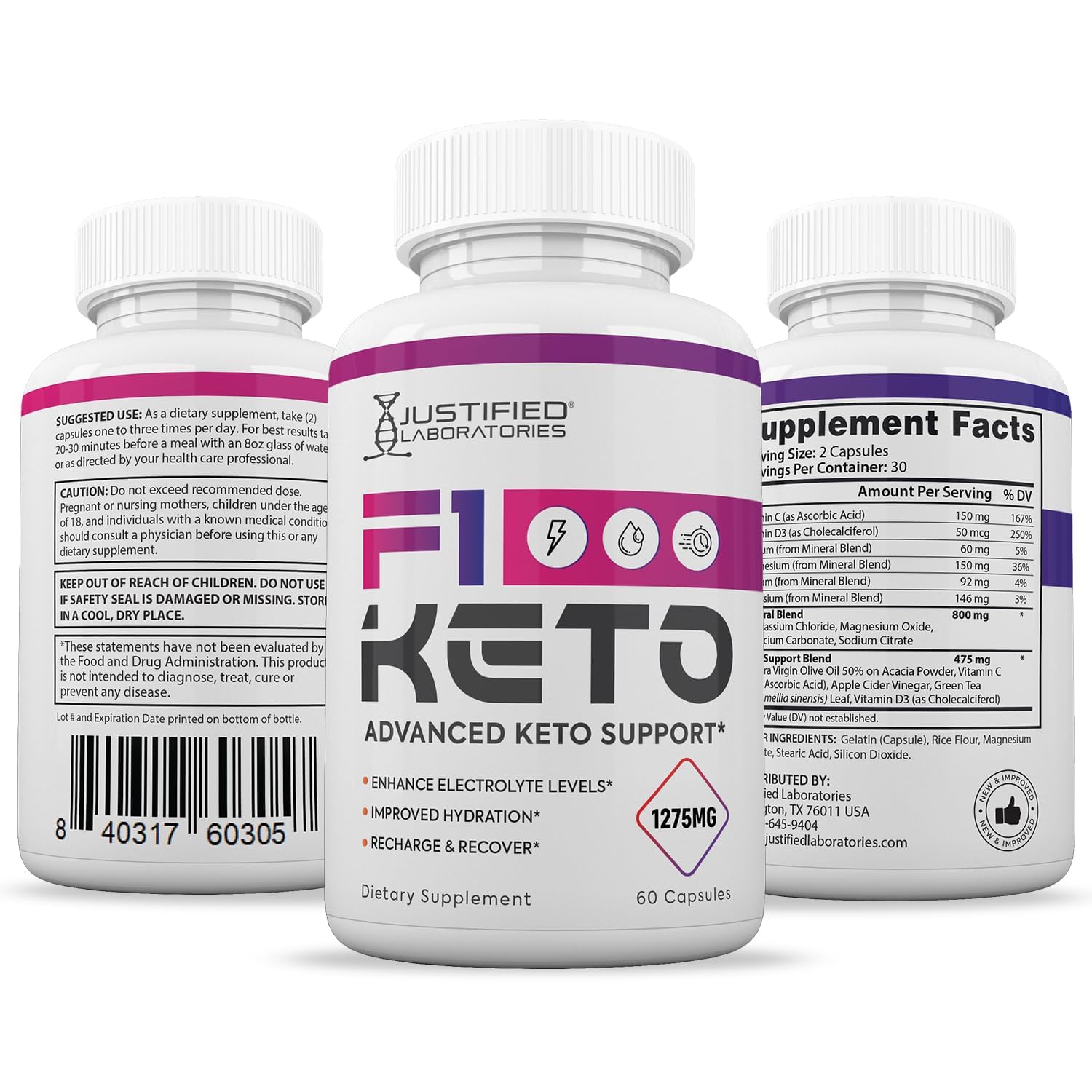 Justified Laboratories F1 Keto Pills apple cider vinegar ingredient focus on the bottle label for keto support.
