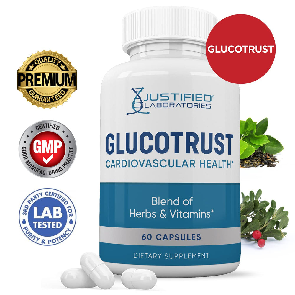 Justified Laboratories Glucotrust Advanced Formula capsules ready to take with water.