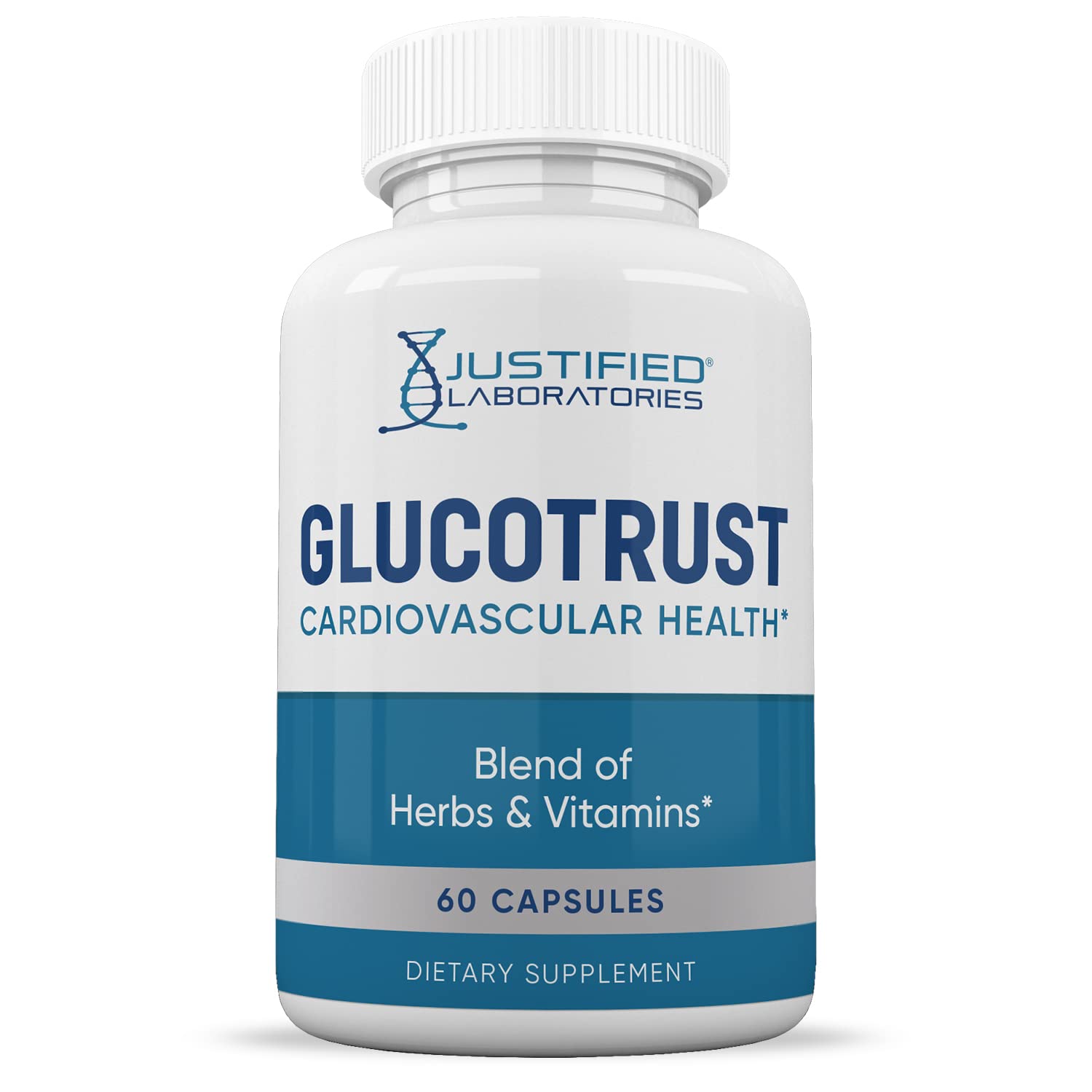 Justified Laboratories Glucotrust Advanced Formula label shows 60 capsules and 688mg.
