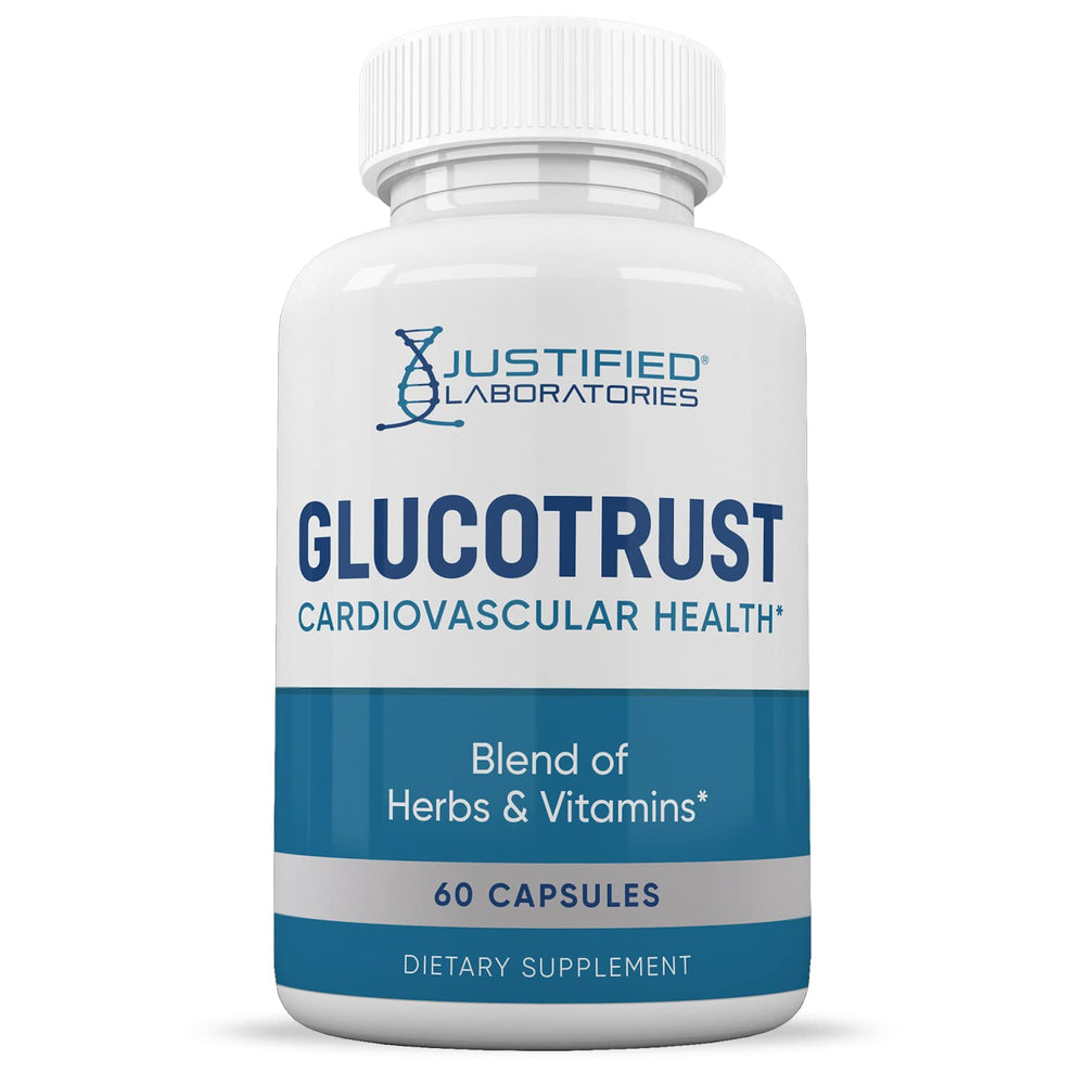 Justified Laboratories Glucotrust Advanced Formula label shows 60 capsules and 688mg.