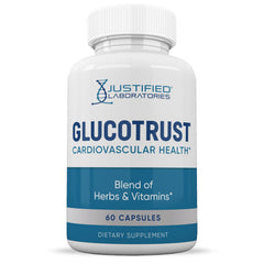 Justified Laboratories Glucotrust Advanced Formula label shows 60 capsules and 688mg.