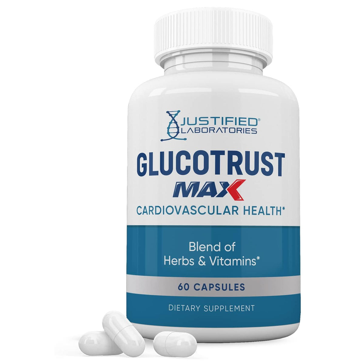 Justified Laboratories Glucotrust Max bottle shows 60 capsules for daily balance.