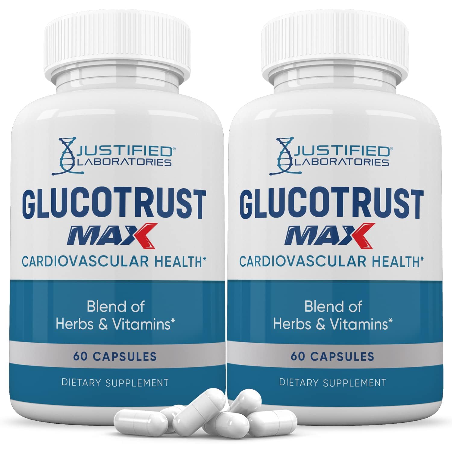 Justified Laboratories Glucotrust Max bottle with capsules for daily wellness support.